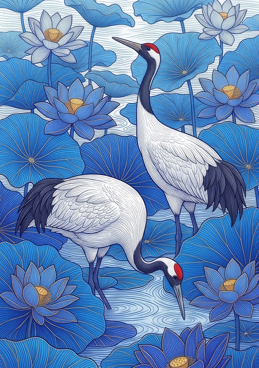 Illustration de grues et lotus bleus — French Pixel Studio