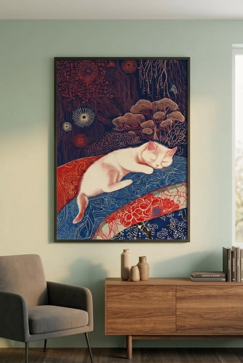 Affiche chat blanc endormi — salon pastel