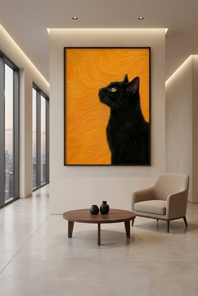 Affiche chat noir sur fond orange